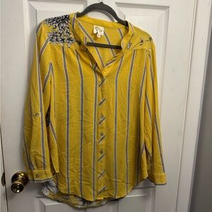 fig and flower Yellow Striped Button-Down Shirt with Floral Detail